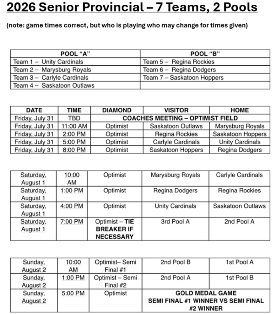 2026 Senior Provincial July 31 to Aug 2