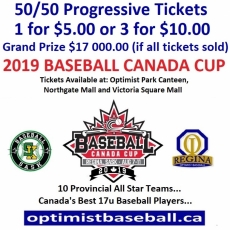 50/50 Progressive Tickets Available for Purchase for 2019 Baseball Canada Cup. Grand Prize $17 000.00 if all tickets sold.